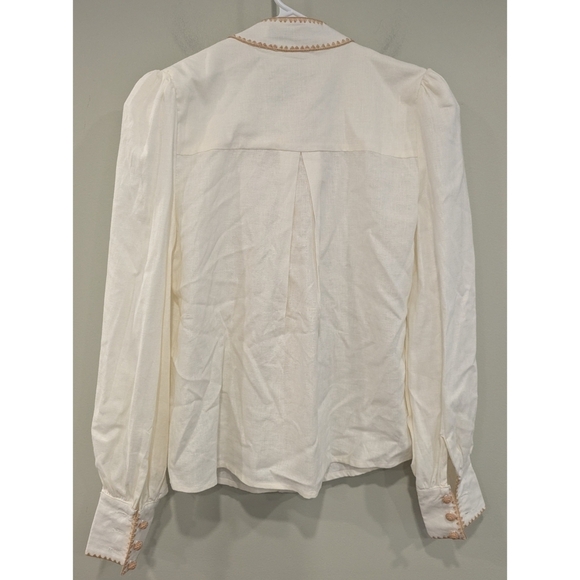 NWT! EB Luxe Cream Linen Blend Tie Neck Embroidered Detail Blouse Size Small - Picture 9 of 10